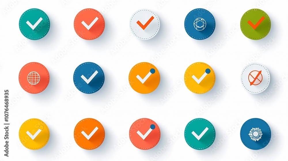 Aufkleber Vibrant icons featuring various symbols like circles check marks and arrows pointing at different options designed for interactive interfaces user experience and decision making processes