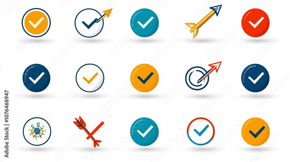 Poster Colorful set of icons and symbols representing the process of selecting options featuring various geometric shapes such as circles check marks and arrows pointing at choices or decisions