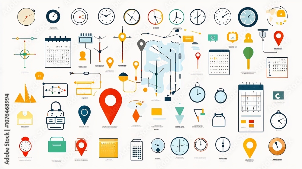 Aufkleber Vibrant icon collection representing various location time and date symbols such as map pins clocks and calendars in a modern minimalist style  Ideal for infographics UIUX designs web applications