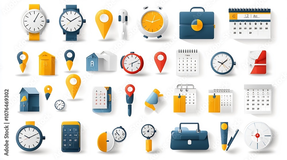 Poster Vibrant icons featuring map markers wristwatches and event calendars in a bright modern style  These icons are perfect for use in digital interfaces applications and infographic designs