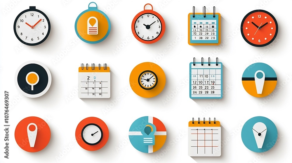 Aufkleber Vibrant collection of icons featuring various elements related to scheduling planning and navigation such as location pins clocks and calendar pages  Ideal for themes involving time management