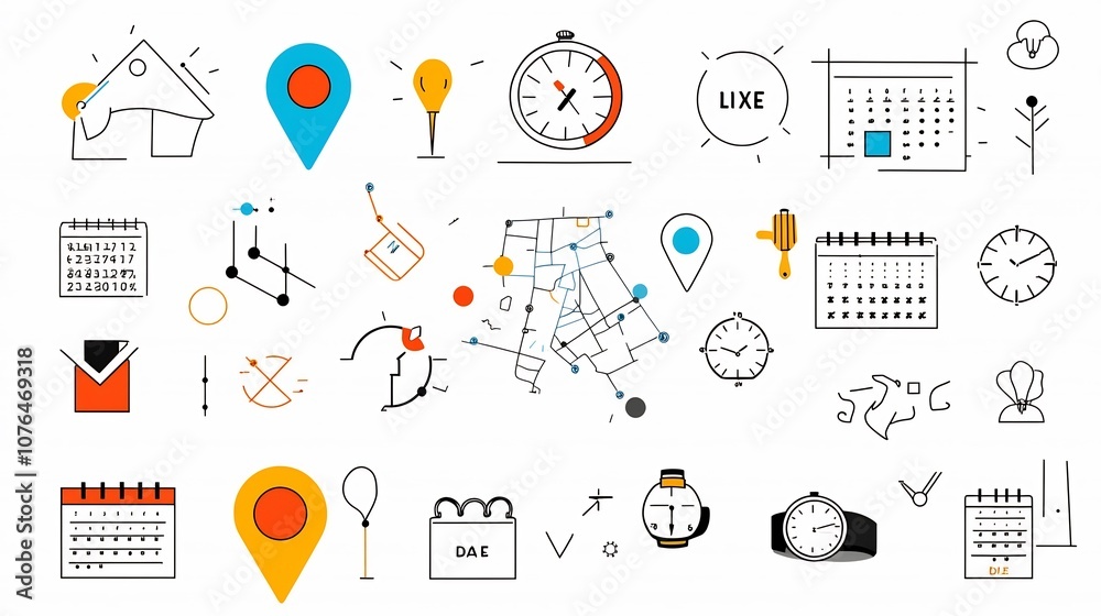 Fototapete bright and modern style icons featuring map markers wristwatches and event calendars perfect for loc