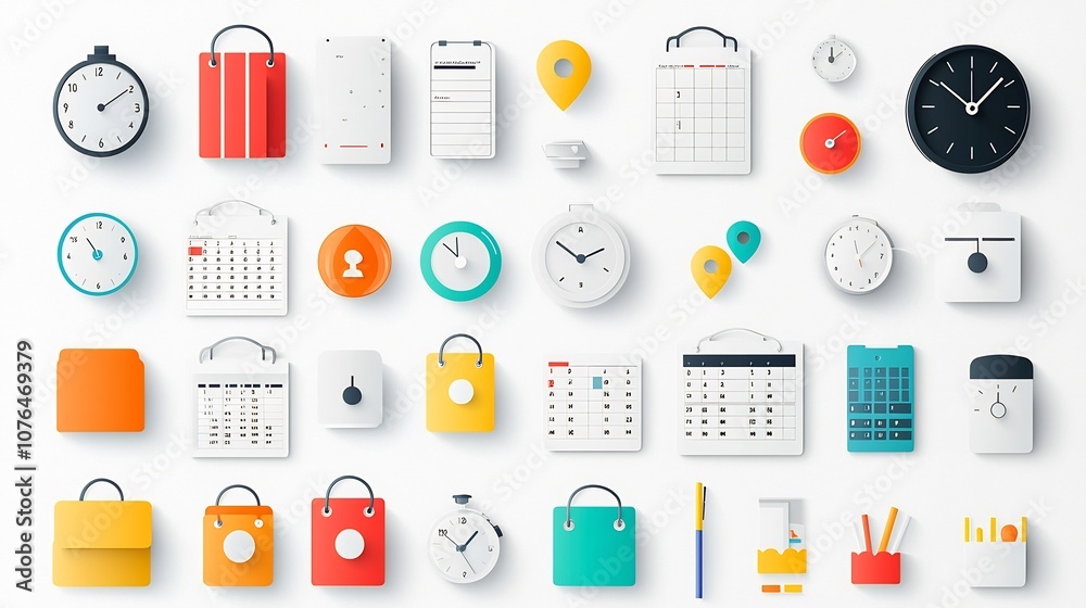 Poster Comprehensive collection of vibrant icons related to scheduling time management and daily organization  Includes symbols like location pins digital clocks