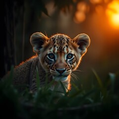 Fototapeta premium Close-up of a Lion cub looking at the camera lion cub. Lion cub poking cute lion cub poking looking at the camera Portrait of Lion Cub Gazing in Camera Isolated on Black Background.