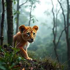 Obraz premium Close-up of a Lion cub looking at the camera lion cub. Lion cub poking cute lion cub poking looking at the camera Portrait of Lion Cub Gazing in Camera Isolated on Black Background.