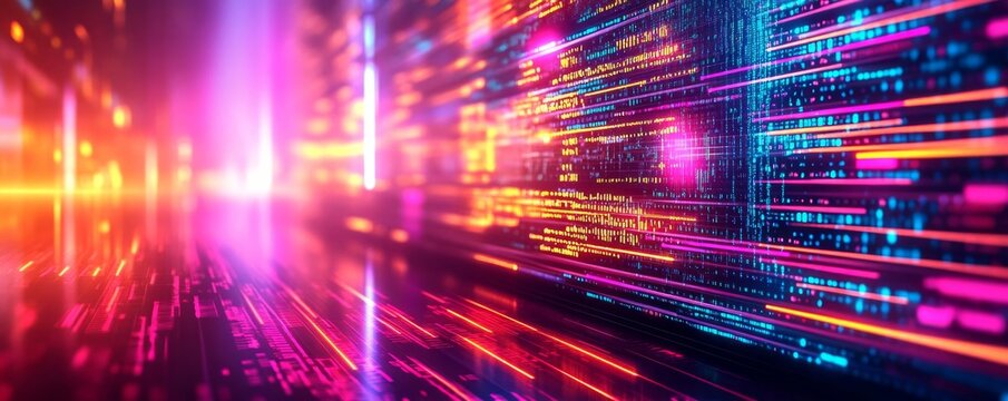 Software engineer debugging complex algorithms on virtual screen, neon light theme, coding, tech