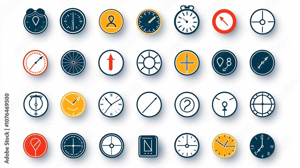 Poster Vibrant icon set with modern minimalist designs showcasing location time and date symbols such as map pointers desk clocks and marked calendar dates  Ideal for use in digital interfaces
