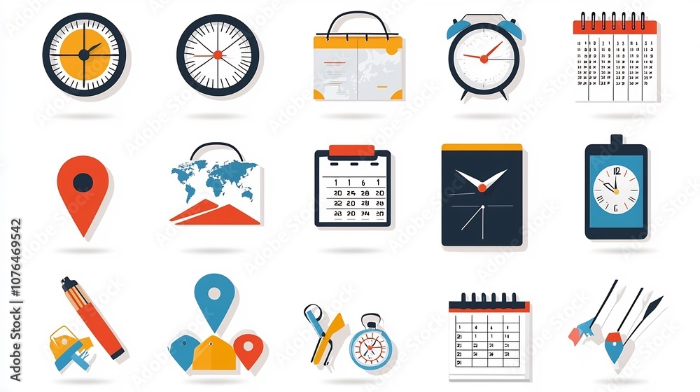 Leinwandbilder Colorful icon set with symbols representing location time and date management tools like map markers clock faces and calendar highlights  Ideal for user interface infographic