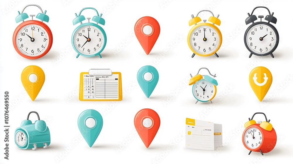 Poster vibrant icons representing various time management and productivity tools including location markers