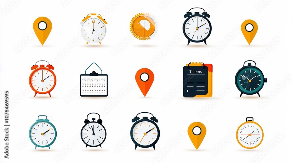 Poster collection of vibrant icons representing various elements of time management and organizational prod