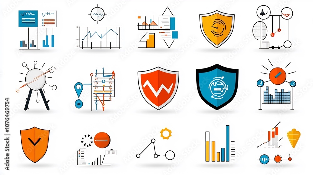 Poster Pixel Perfect 64x64 Icons with Editable Stroke Representing a Variety of Risk Management Concepts Such as Shields Graphs and Warning Signs for Business Finance and Technology Applications