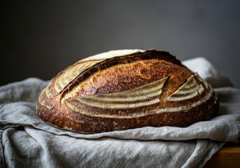Artisanal sourdough bread on rustic linen cloth with dark background. Concept of imperfect food
