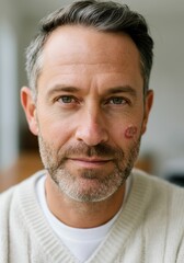 Obraz premium Close-up of a middle-aged man with a prominent birthmark on his cheek, looking directly at the camera with a relaxed, confident expression. Concept of authenticity appearance.