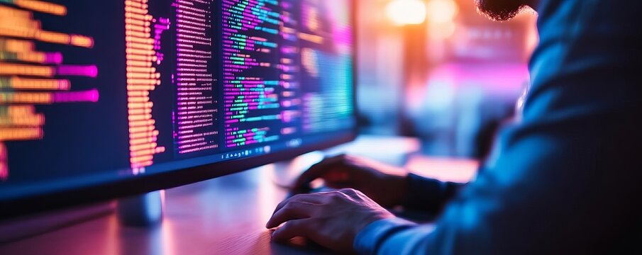 Software engineer debugging complex algorithms on virtual screen, neon light theme, coding, tech