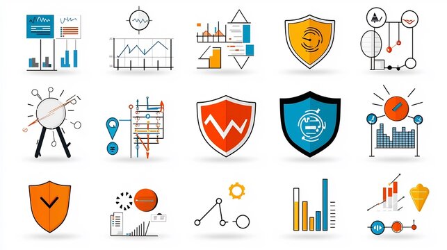 Pixel Perfect 64x64 Icons with Editable Stroke Representing a Variety of Risk Management Concepts Such as Shields Graphs and Warning Signs for Business Finance and Technology Applications