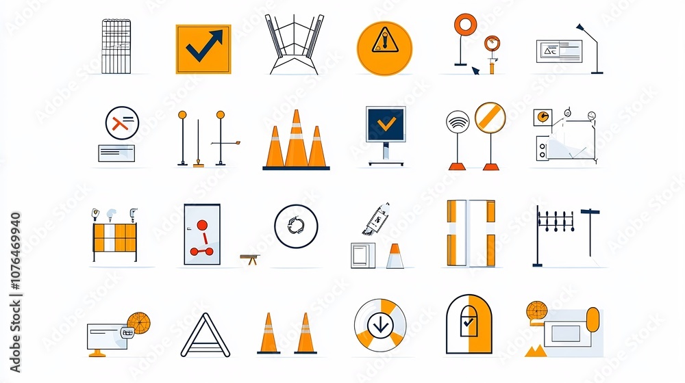 Poster pixel perfect icons depicting essential risk management elements barriers safe zones and alert symbo