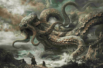 Terrifying scary sea monster in dark depths of deep ocean