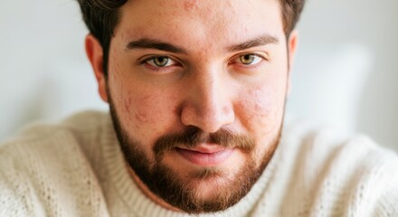 Portrait of a bearded young man with acne in a cozy sweater. Concept of individuality and authenticity.