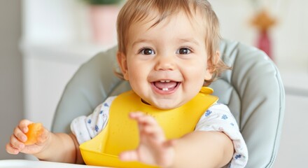 Happy baby in high chair with yellow bib smiling and eating