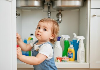 Naklejka premium Child safety awareness: Curious toddler exploring under sink cabinet filled with cleaning supplies