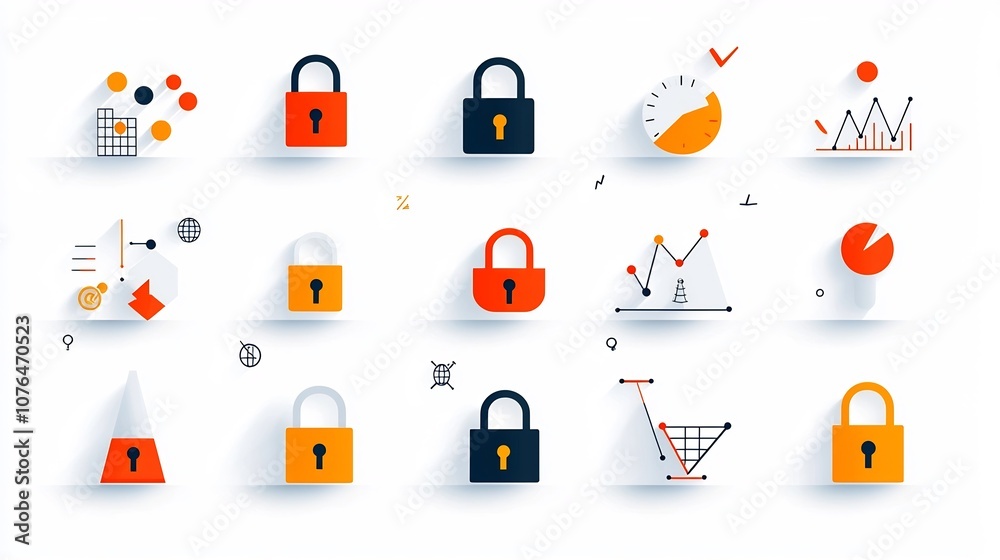 Poster Set of 64x64 pixel perfect icons with editable stroke showcasing a variety of risk management symbols like secure locks exclamation signs and analytics graphs for digital design