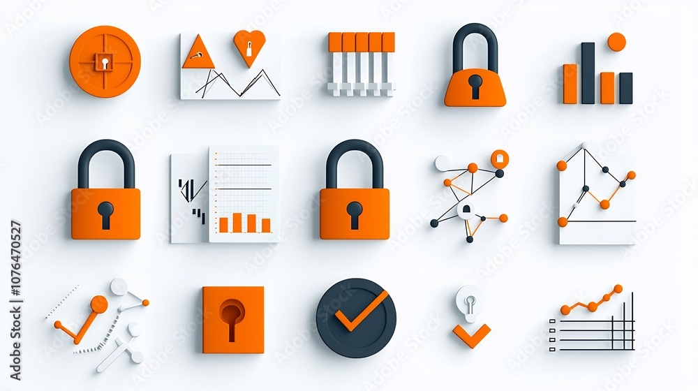 Poster Set of 64x64 pixel perfect icons with editable stroke showcasing a variety of risk management symbols like secure locks exclamation signs and analytics graphs for data visualization