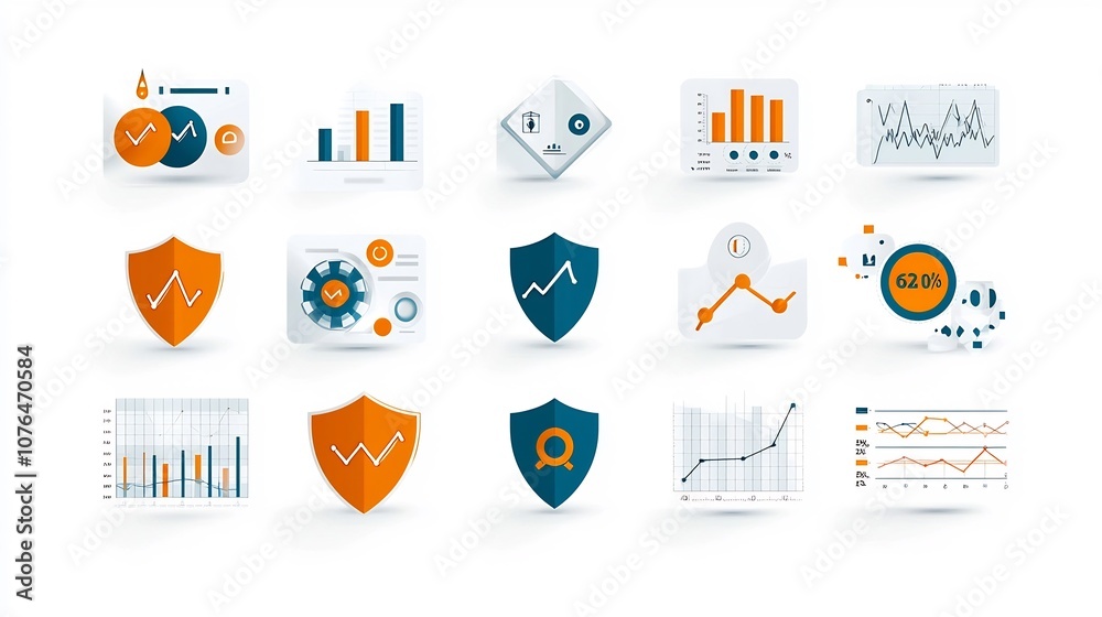 Poster Pixel Perfect Icons Featuring Shields Alerts and Statistical Charts for Comprehensive Risk Management and Data Analytics Solutions