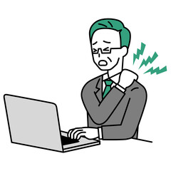 ノートパソコンの仕事中に肩こりがつらい中年のスーツの男性