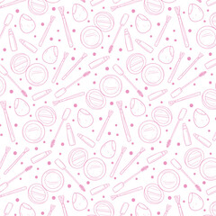Doodle beauty make up seamless background. Banner with hand drawn cosmetics elements. Brush, nail polish, foundation, perfume, eye shadow, mascara, mirror, cream, lipstick. Outline vector pattern