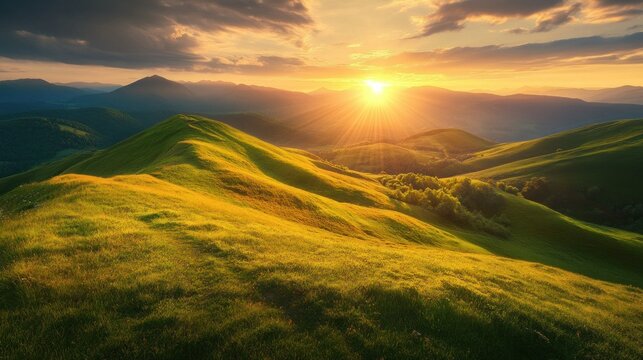 Sunset over rolling green hills