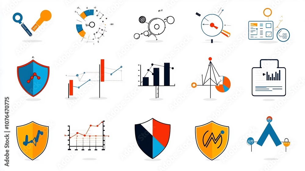 Poster Pixel perfect line icons in 64x64 with editable stroke covering key risk management concepts like shields data analysis tools and caution symbols for business finance and technology applications