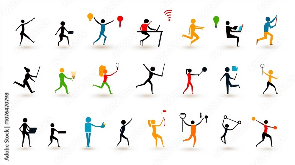 Aufkleber minimalist icon set depicting individuals in various everyday activities and interactions such as wo