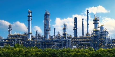 Obraz premium Large petrochemical plant against blue sky. Large petrochemical plant with multiple towers and pipelines, set against a clear blue sky, representing industrial manufacturing and energy production.