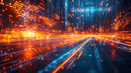 Abstract digital landscape with glowing data streams and lines.