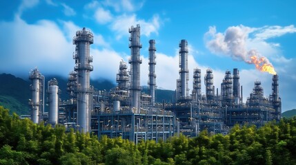 Obraz premium Petrochemical plant with flare stack emitting flame. Large petrochemical plant with a flare stack emitting flames, set against a mountain background, symbolizing industrial energy production.