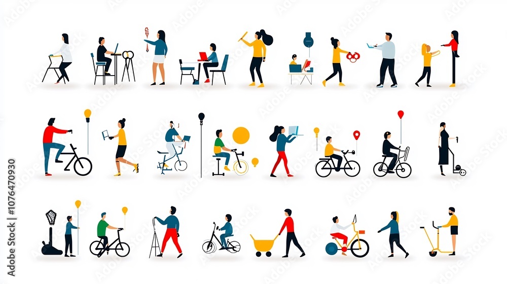 Aufkleber set of minimalist icons featuring individuals in different activities such as working exercising and