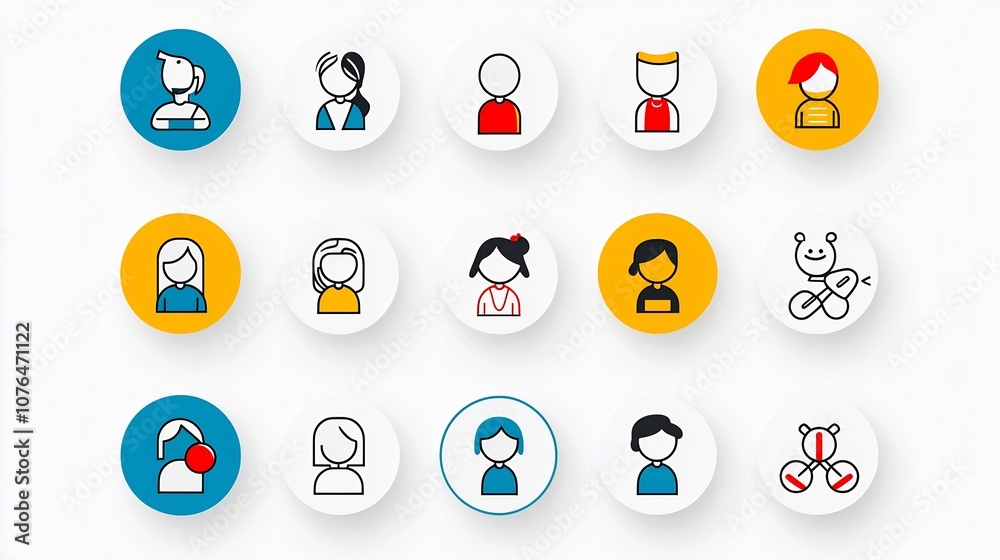 Aufkleber flat and colorful graphic icons depicting family members friends and colleagues in diverse social an