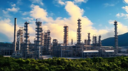 Fototapeta premium Petrochemical plant with towers and greenery. Large petrochemical plant with industrial towers surrounded by lush greenery, illustrating the contrast between industry and nature.