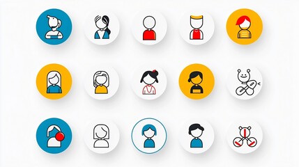 Flat and colorful graphic icons depicting family members friends and colleagues in diverse social and professional settings designed in a minimalist style to represent human connections relationships