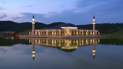 Obraz premium Illuminated Mosque with Reflection in Calm Water at Dusk