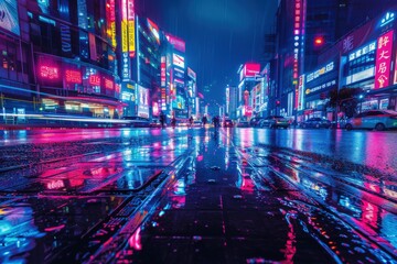 Neon Cityscape Reflected in Wet Pavement