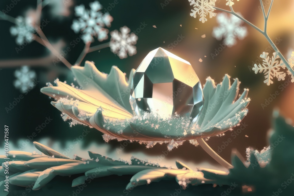 Aufkleber a sparkling diamond resting on a frosty leaf surrounded by snowflakes.