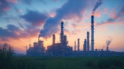 Obraz premium Industrial refinery at sunset with smoke emissions. Large industrial refinery emitting smoke against a colorful sunset sky, illustrating the impact of heavy industry on the environment.