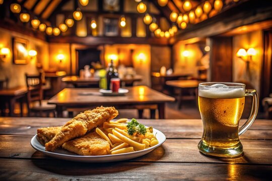 Exquisite British pub scene featuring traditional fish and chips served with a refreshing pint of beer, capturing the essence of culinary delight and rustic charm in a warm atmosphere