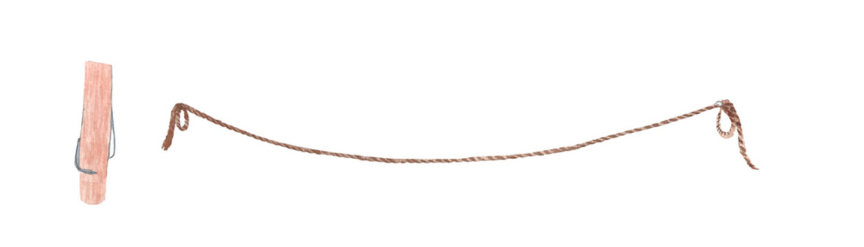 Jute rope stretched between two pegs, a string and a cloth clip design element set isolated on white. Hand painted watercolor illustration. Perfect for eco design, packages, banners