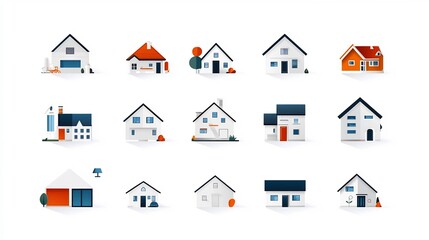 Collection of icons showcasing a variety of home and housing types including suburban houses urban apartments and countryside cottages all depicted in a flat