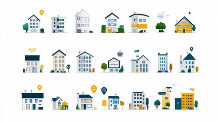 Modern icon collection depicting various real estate transactions such as buying selling and renting properties  Ideal for real estate finance and business related applications