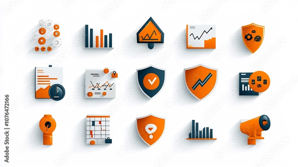 Poster Comprehensive set of 64x64 icons with editable stroke representing various risk management concepts such as shields graphs and warning signs for use in financial business and technology applications
