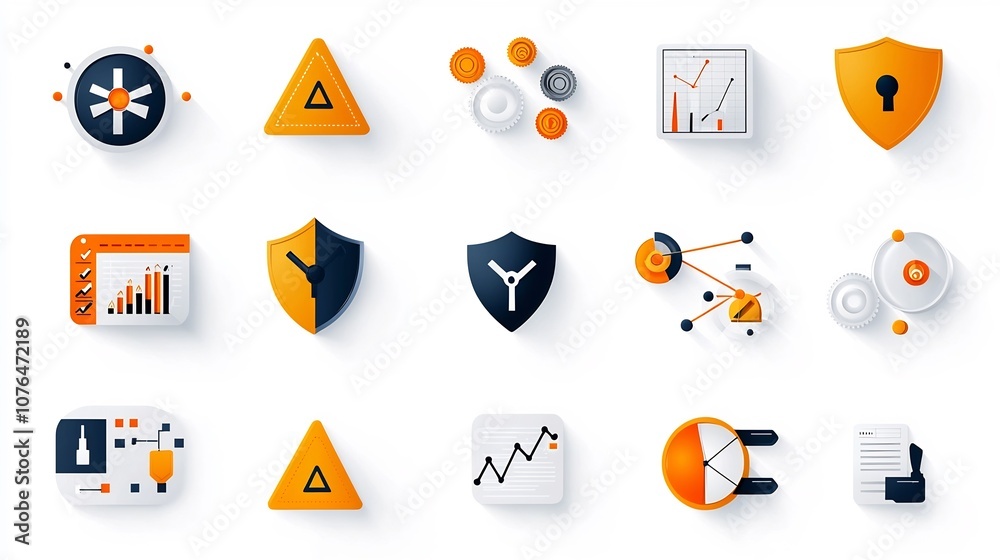 Poster Comprehensive set of icons and symbols representing various elements of risk management including alert triangles security shields and data visualization charts