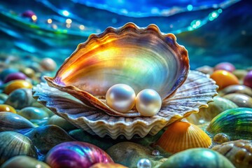 Exquisite Open Shell with Mother of Pearl and Precious Gemstones, Showcasing the Natural Beauty of the Ocean and the Luxurious World of Marine Treasures